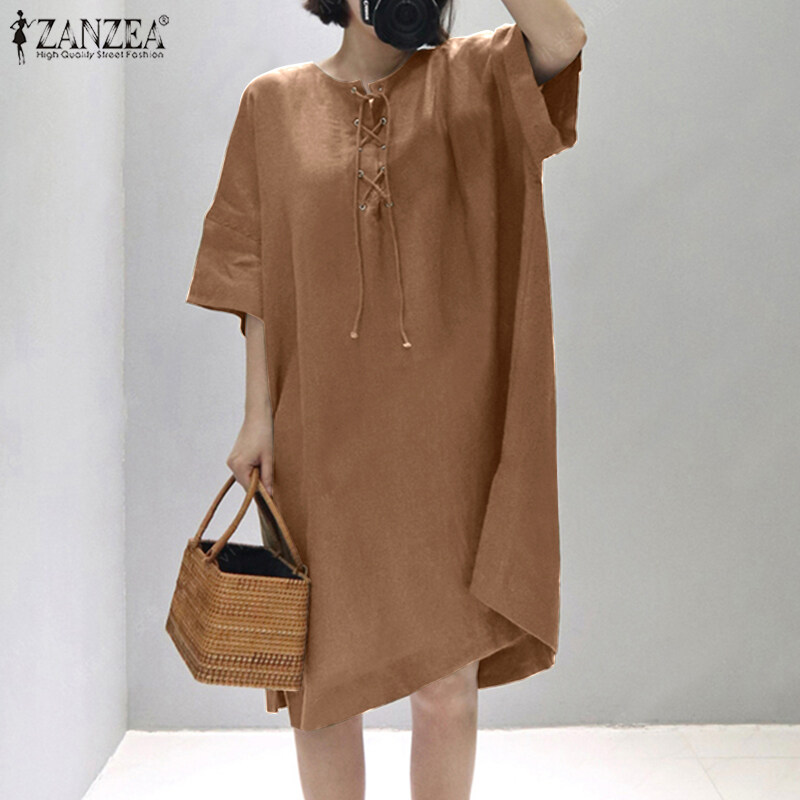 ZANZEA Women Vintage Leisure Solid Cotton Sundress Loose O-Neck Midi Dresses #8