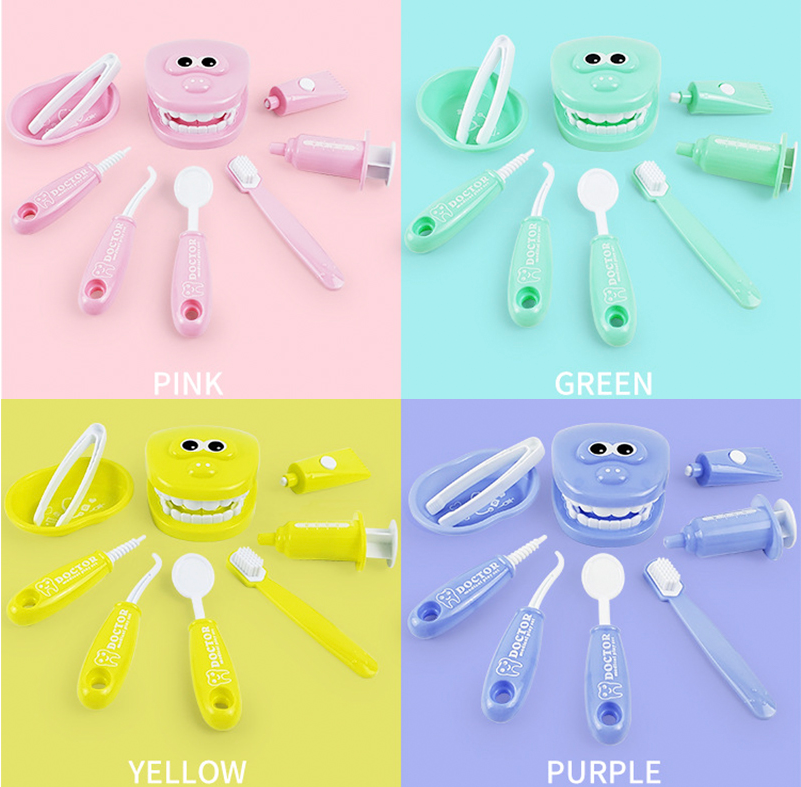 【Ready Stock】9Pcs Kids Pretend Play Toy Dentist Check Teeth Set Dentist Kit Educational Role Play Learing Toys For Kids teach children brushing teeth Show child how to brush their teeth